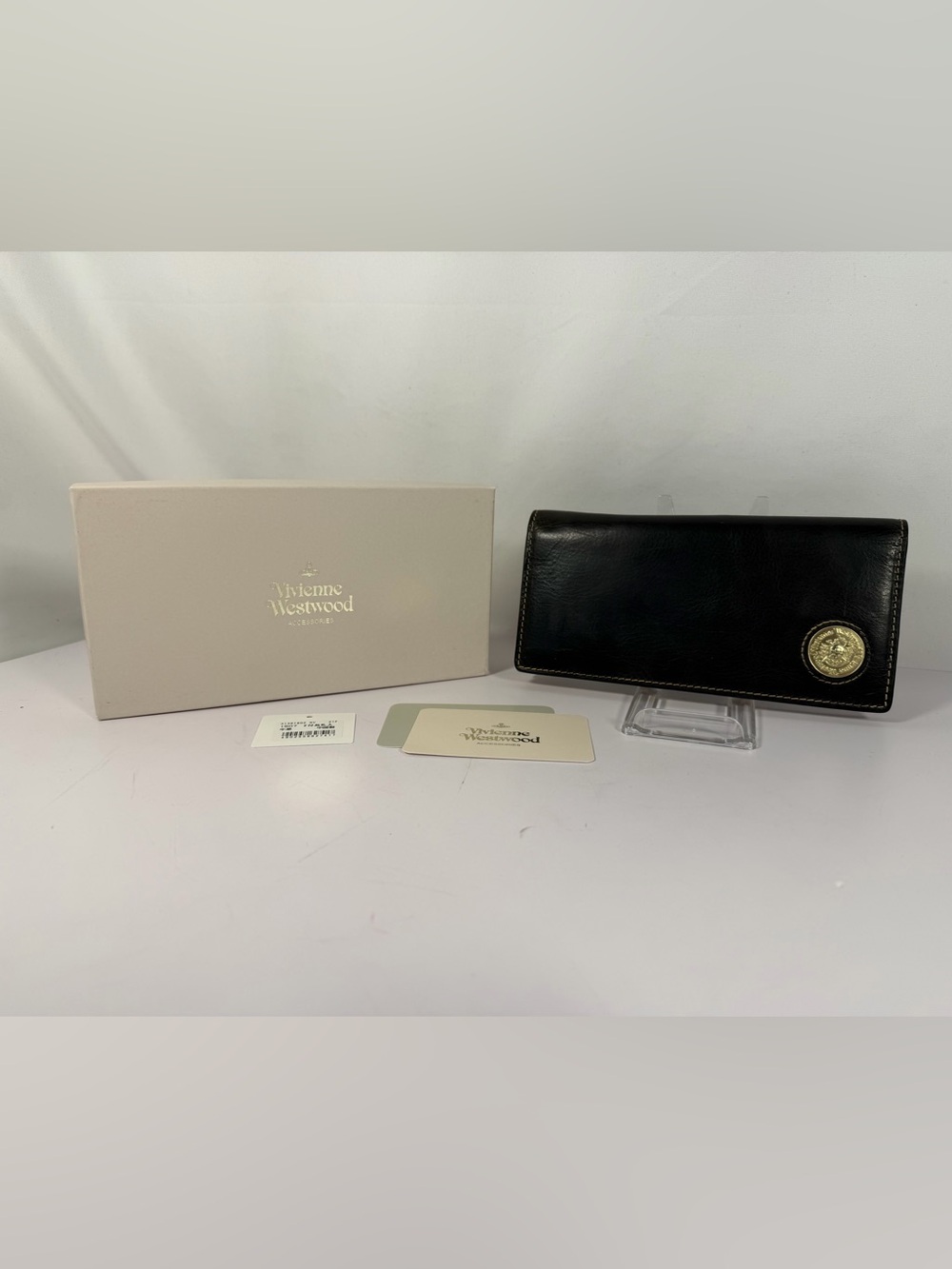 Vivienne Westwood Vintage Black Leather Long Wallet Gold Orb Medallion